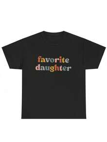 Women's "Favorite Daughter" Print T-Shirt, Casual Short Sleeve T-Shirt, 1 Piece, 100% Thick Cotton, Comfortable Round Neck, Soft And Cute T-Shirt. - 黑色 - 查看 2