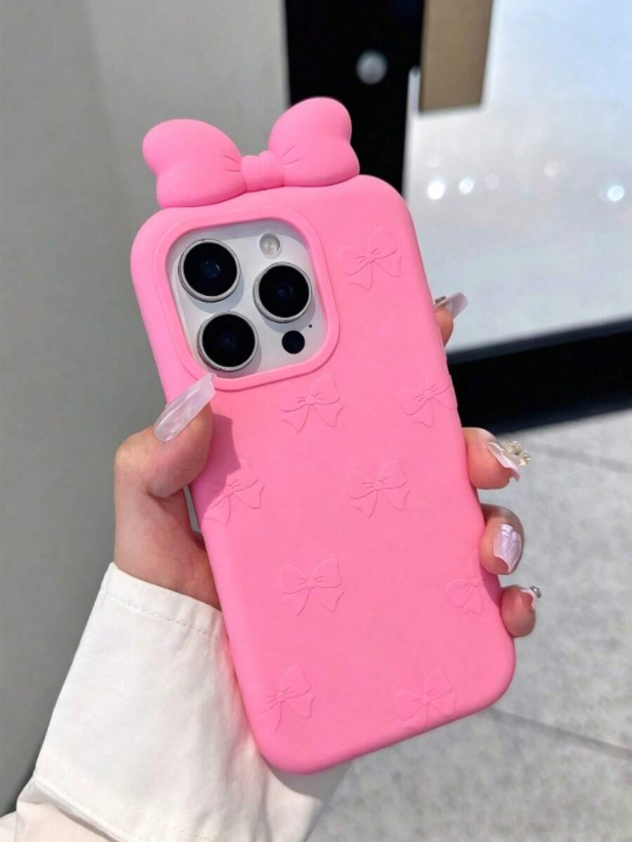 Ốp lưng điện thoại silicon hình nơ 3D màu hồng tươi tắn cho iPhone 17/17Pro/17ProMax/16/16Pro/16ProMax/15/15Pro/15ProMax/14/13/12/11, ốp bảo vệ độc đáo tối giản mới, cao cấp. - Màu Hồng Tươi - Xem 1