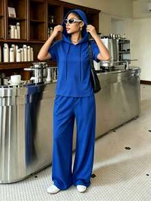 Conjunto de 2 piezas de chaqueta con cremallera y bloqueo de color deportivo, y pantalones anchos de ajuste holgado para mujer - Azul Marino - Ver 4