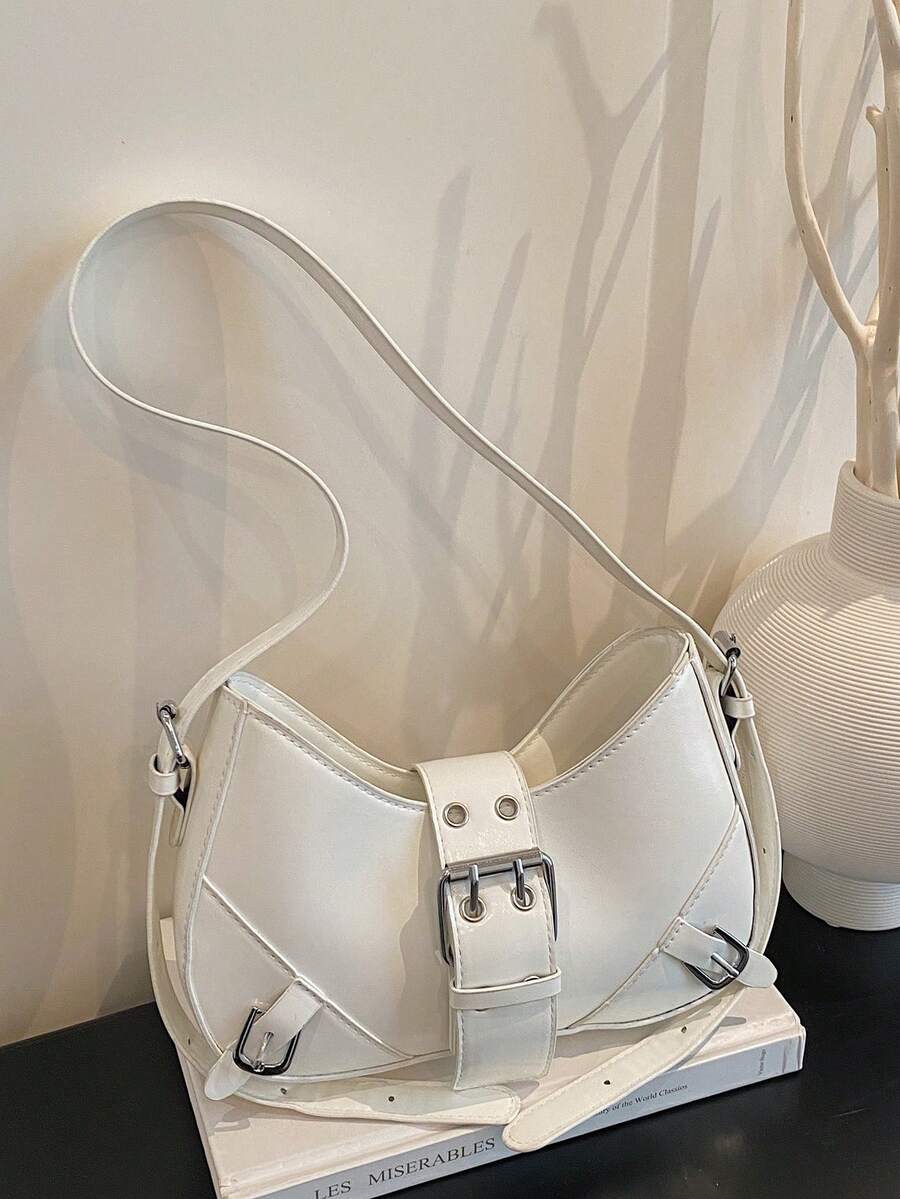 1pc White PU Leather Y2K Gothic Style Rivet Decor Shoulder Bag, Retro Fashion, Suitable For Daily Commute, Crescent-Shaped Tready Ladies Handbag - White - View 1