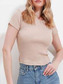 Women Beige Ribbed Short Sleeve Crop Top Designed For Effortless Everyday Styling And Sleek Casual Looks. - Black - View 2