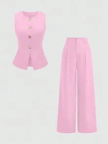 Sweetro Conjunto a juego de chaleco negro de una hilera y pantalones de pierna ancha con fruncidos - Rosa - Ver 1