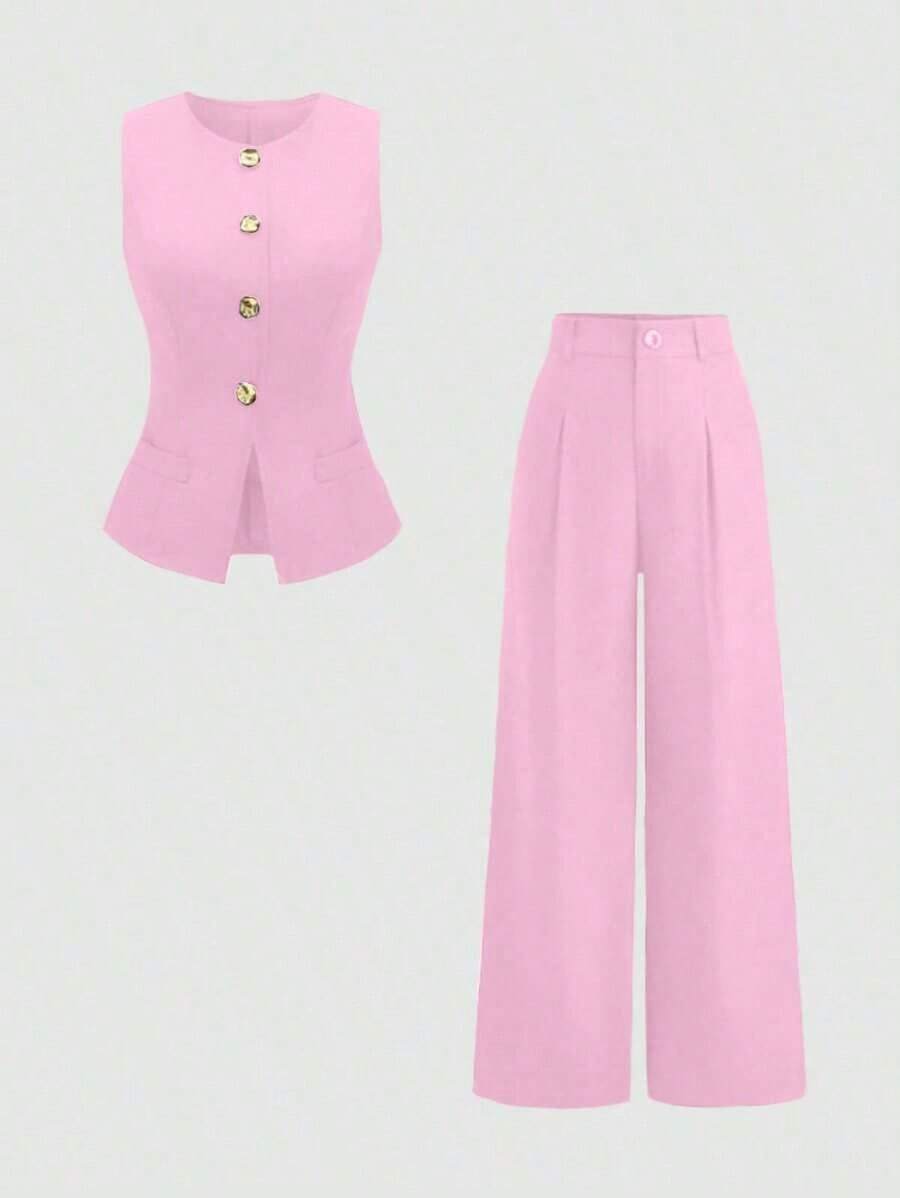 Sweetro Conjunto a juego de chaleco negro de una hilera y pantalones de pierna ancha con fruncidos - Rosa - Ver 1