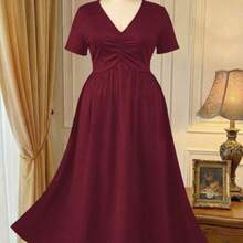 Rometta Elegant Casual V-Neck Pleated Design Short Sleeve Knit Plus Size Women Dress, New Arrival - Burdeos - Ver 1