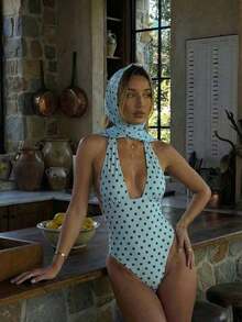 Traje de baño de dos piezas de mujer con lunares sexy, diseño retorcido y asimétrico con espalda descubierta de gasa, traje de baño de una pieza para vacaciones en la playa en verano - Azul cielo - Ver 8