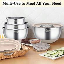 Wildone - Cuencos para mezclar con tapas herméticas, 22 cuencos de acero inoxidable, con accesorios de 3 ralladores, marcas de escala y parte inferior antideslizante, tamaño 5, 4, 3, 2, 1.5, 0.63QT - Caqui - Ver 6