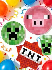 Minecraft 我的世界像素矿工主题生日派对用品套装，一次性餐具套装，包含盘子、杯子和餐巾纸，以及游戏玩家横幅，我的世界风格派对装饰，绿色像素世界生日派对用品，非常适合生日派对、游戏主题派对，一应俱全的派对套装，易于清理。 - 多款 - 查看 4