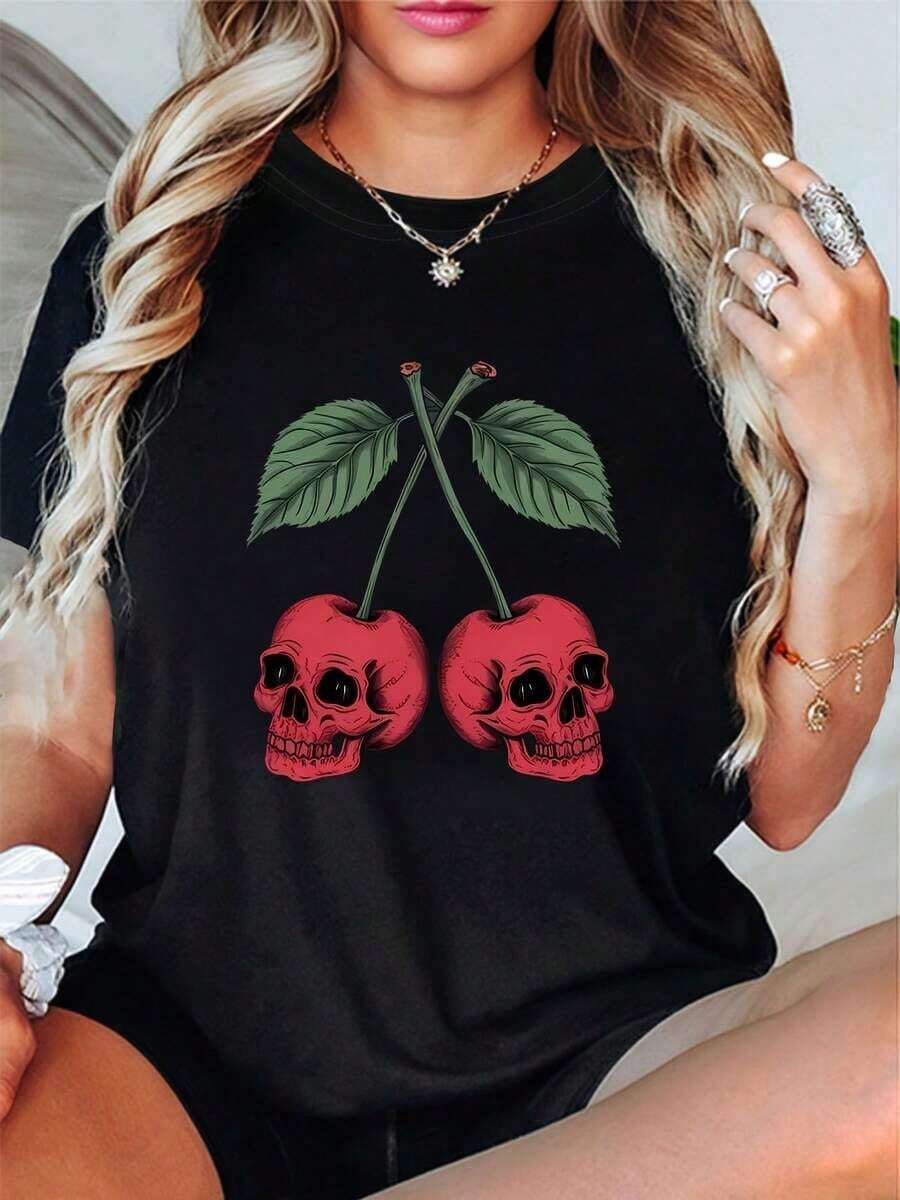 Women's Plus Size Skull And Cherry Print Crew Neck Spring/Summer T-Shirt, Summer T-Shirt - Black - View 1