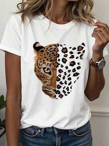 Camiseta de Verano con Estampado de Leopardo para Mujer, Cuello Redondo, Estilo Casual, Ropa de Verano para Mujer - Blanco - Ver 7