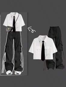 Women Two-Piece Outfits - White Top + Drawstring Pants - View 6