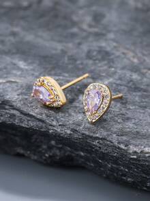 1 Đôi bông tai đinh tán hình quả lê màu tím đính đá Zirconia kiểu Pháp, thiết kế đính đá Zirconia, bông tai nhỏ nhắn đeo hàng ngày theo phong cách Ins. - Bông tai hình quả lê - Xem 4
