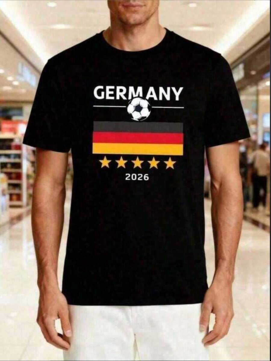 Summer Tops2026 World Cup Family Matching Fit, Soccer Jersey, Boys Clothes Kids, Girls Clothes, USA Canada Mexico World Cup 100% T-Shirt 2026 Germany Team Football Theme T-Shirt Men's Fan Athletic Style Top Base German Flag Star Print Short Sleeve Cotton Women Clothing, Mom And Daughter Matching Adult And Children's Sizes, Sports Fan Gift, Gifts For Football FansLoose And Comfortablesummer Clothes - 黑色 - 查看 1