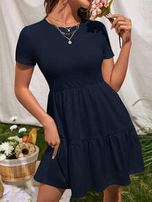 Vestido de punto de manga corta casual con cuello redondo y dobladillo con volantes de unicolor - Azul marino - Ver 6