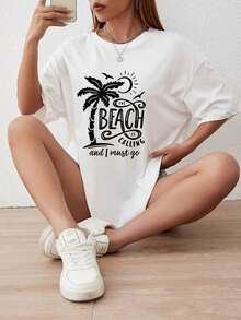 [Local Delivery] Women's Plus Size Casual T-Shirt With 'THE BEACH IS CALLING AND I MUST GA' Print - Crew Neck, Fashionable Women's Clothing, Lightweight And Breathable, Suitable For All Four Seasons, Ideal For Parties And Everyday Wear, Plus Size T-Shirt For Women - 白色 - 查看 7