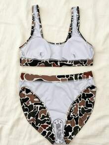Basic Swimsuits For Women, Summer Duck Camo Bikini 2 Piece Set, Bathing Suits, Tankini Swimsuit, Fashion U Neck Bra And High Waisted Triangle Panty Set, Sexy Bodycon Bikini Bottom - 摩卡棕 - 查看 3