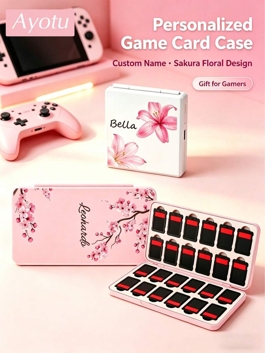 Personalized Game Card Case Compatible With Nintendo Switch NS/OLED/Lite/New Switch2 , Custom Name Floral Game Cartridge Storage Box, 12/24 Slots Optional, Portable Card Holder For Gamers,Gift For Gamers,Portable Organizer Box - Multicolor - View 1