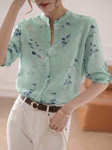 Blusa de mujer de manga 3/4 con cuello alto, estampado floral acuarela azul grisáceo| Blusa de ajuste ceñido, transpirable, de manga acampanada, para oficina/vacaciones, primavera/verano - verde menta - Ver 4