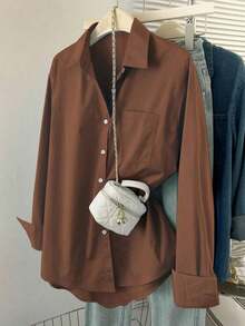 Camisa casual de manga larga de un solo pecho y holgada de unicolor para mujer, otoño - Marrón - Ver 1