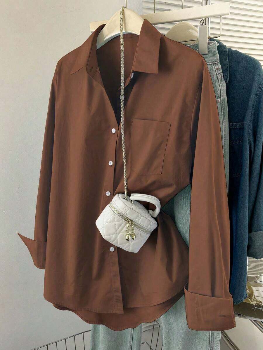 Camisa casual de manga larga de un solo pecho y holgada de unicolor para mujer, otoño - Marrón - Ver 1