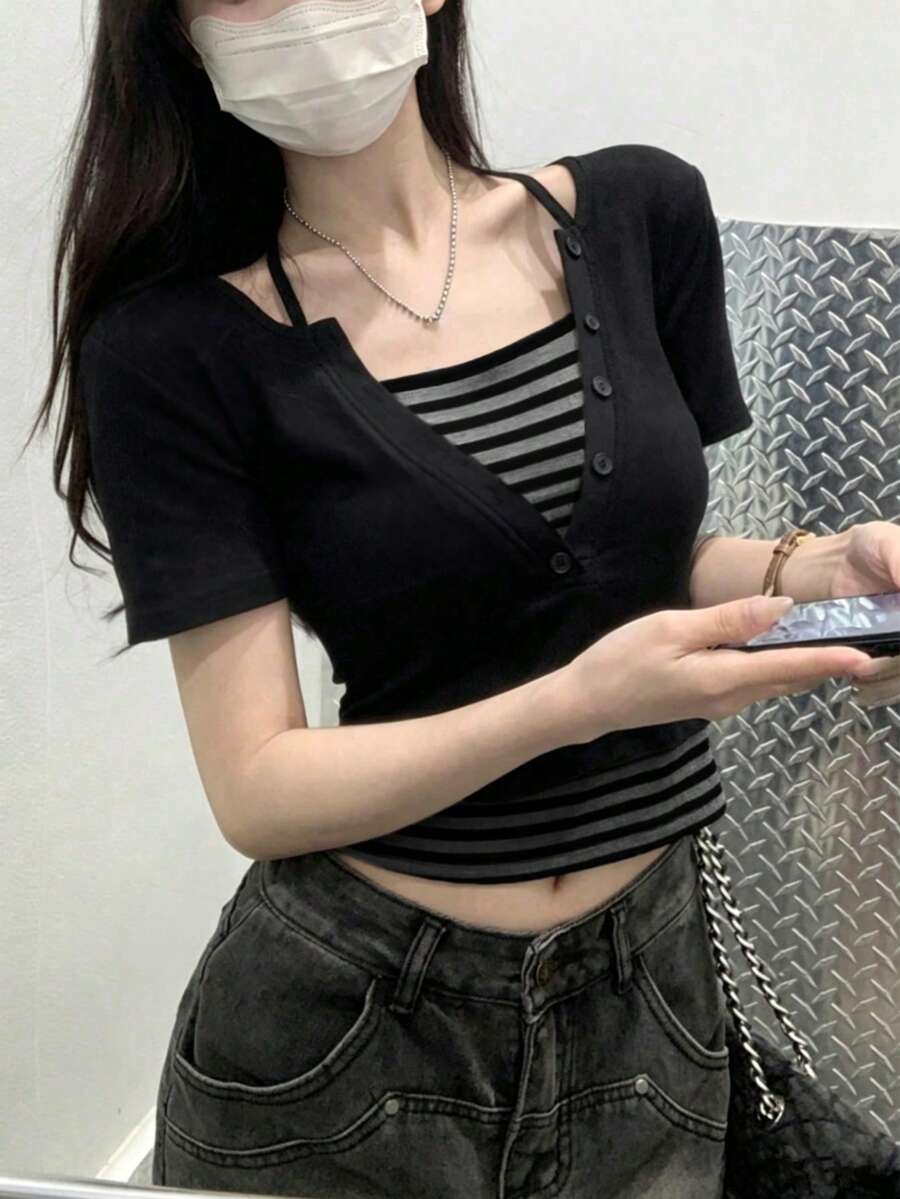 春夏韓式掛脖設計 2合1撞色短袖女款休閒T恤 黑色 - 黑色 - 查看 1
