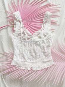 Top casual de mujer con bordado de ojales, adecuado para vacaciones, fiestas, té de la tarde, playa, citas, verano - Blanco - Ver 2