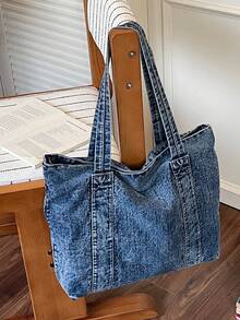 1pc Minimalist Large Capacity Denim Shoulder Tote Bag, Suitable For Outing, Travel, Shopping, Vacation - Blue - View 6