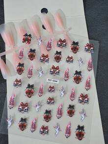 1pc Gothic Skull & Bow Nail Sticker, Self-Adhesive 3D Embossed Nail Art Decal, Nail Decoration, Ideal Gift For Women, Suitable For Festivals And Parties - Multicolor - View 6