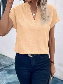 Camisa casual de mujer de manga corta con cuello entallado de unicolor, para verano - Naranja 2 - Ver 6