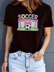 Dulce camiseta de mujer con temática de fútbol y estampado de lazo, perfecta para que las aficionadas la usen mientras ven partidos.Linda camiseta de manga corta para salidas informales - Negro - Ver 6