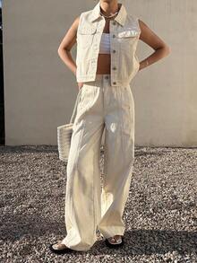 Conjunto de mujer de mezclilla - Top sin mangas con cuello y pantalones de unicolor - Albaricoque - Ver 6