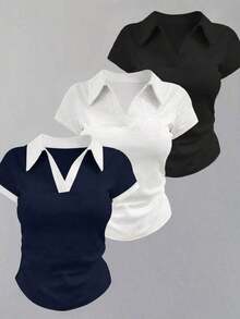 Camiseta casual de mujer con cuello polo, manga corta y estampado de corazones en color contrastante - Multicolor 2 - Ver 6