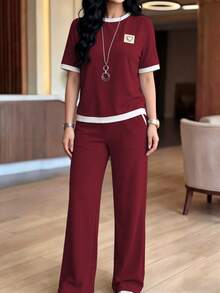 女士新款圆领短袖爱心贴布T恤和松紧腰宽松裤两件套，休闲日常穿搭撞色口袋抽绳腰直筒裤两件套，时尚休闲家居服夏季运动休闲两件套，优雅 - 酒紅28+白 - 查看 9