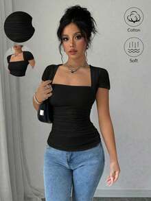 Raffinéa Camiseta ajustado de moda con mangas raglan, cuello en U, cintura fruncida, elástica, blanca, para primavera/verano, para mujeres - Negro - Ver 1