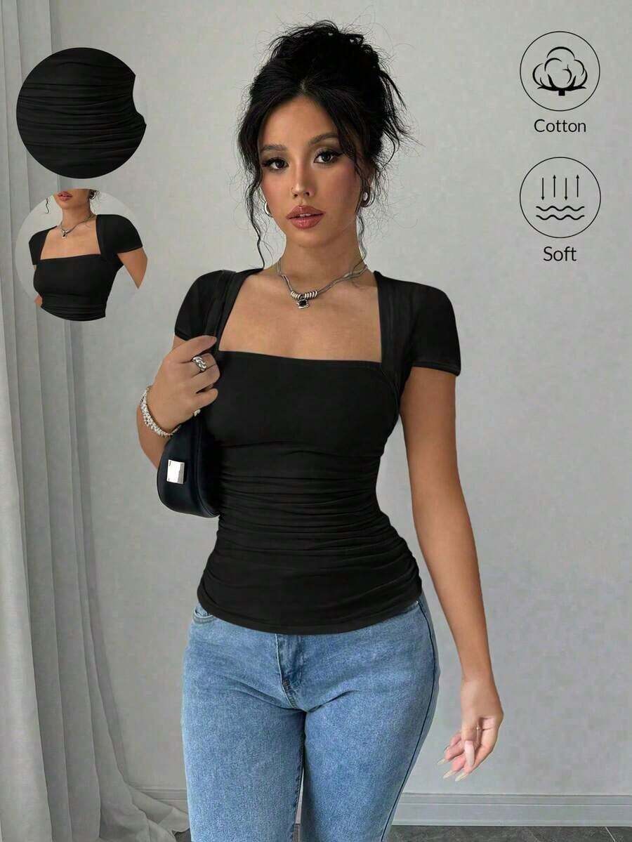 Raffinéa Camiseta ajustado de moda con mangas raglan, cuello en U, cintura fruncida, elástica, blanca, para primavera/verano, para mujeres - Negro - Ver 1