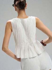 Primavera/Verano Nueva Blusa de Lino sin Mangas con Cintura Plisada para Mujer, Minimalista Casual, Estilo Vacacional, Marrón - Beis - Ver 2