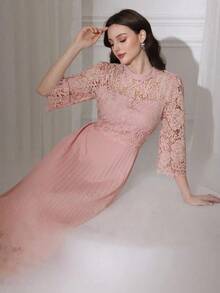 Vestido largo de manga larga con parches de bordado de ojal amarillo para mujeres - Rosa - Ver 8