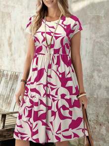 Vestido corto con cuello redondo y manga corta de estampado geométrico, casual para mujer, adecuado para primavera/verano - Rosa Fucsia - Ver 8