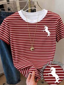 Camiseta de mujer de manga corta con cuello redondo y estampado de rayas, adecuada para vacaciones de verano y uso diario - Multicolor 8 - Ver 1