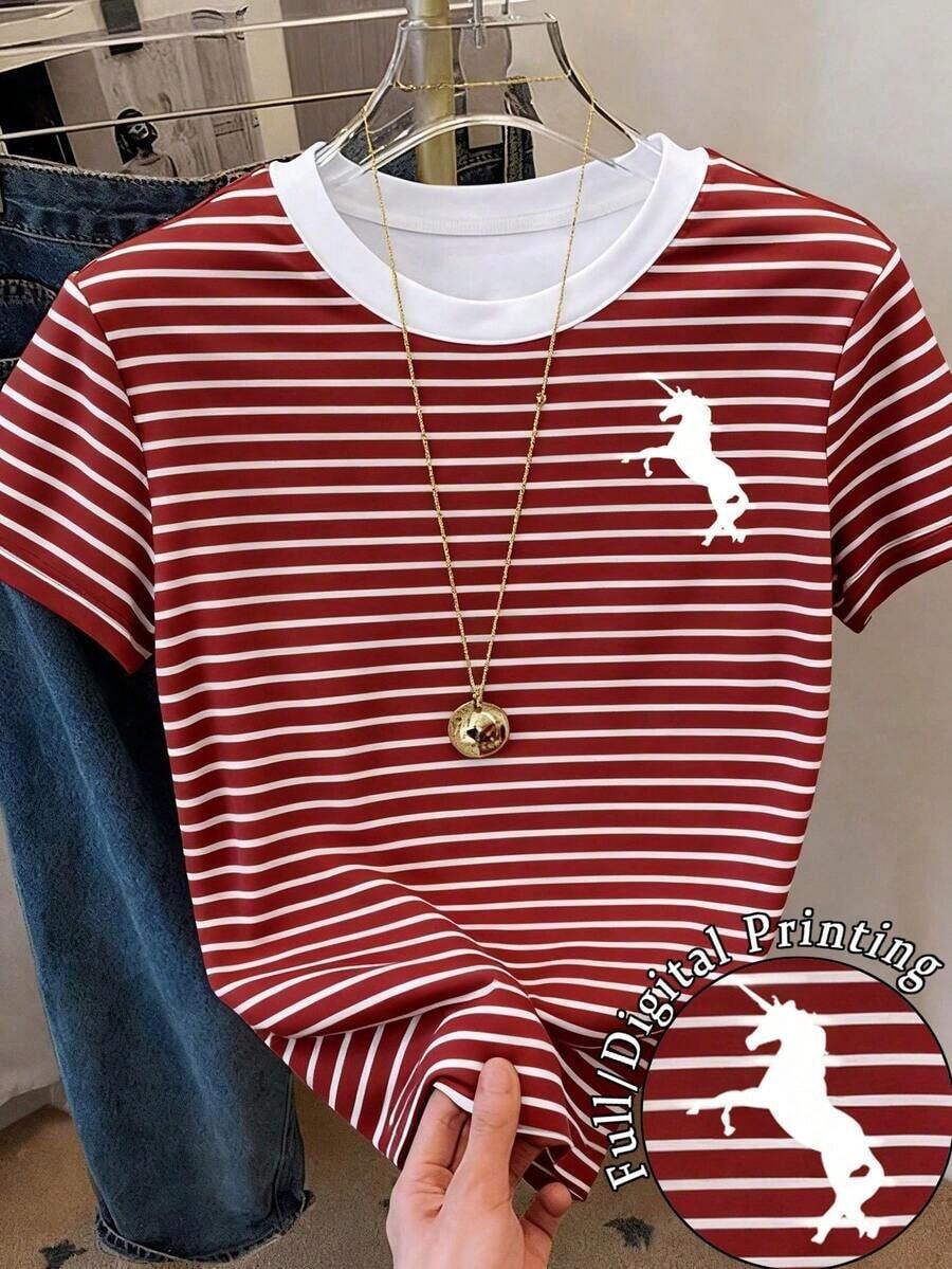Camiseta de mujer de manga corta con cuello redondo y estampado de rayas, adecuada para vacaciones de verano y uso diario - Multicolor 8 - Ver 1