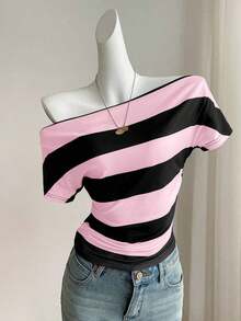 Camiseta de mujer de manga corta con cuello asimétrico y estampado de rayas - Multicolor 2 - Ver 3