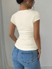 Raffinéa Camiseta ajustado de moda con mangas raglan, cuello en U, cintura fruncida, elástica, blanca, para primavera/verano, para mujeres - Caqui - Ver 2