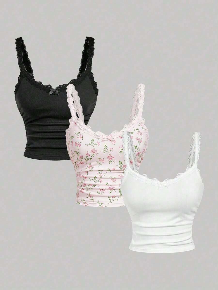 Camiseta de mujer con parche de encaje y decoración de lazo - Multicolor 6 - Ver 1