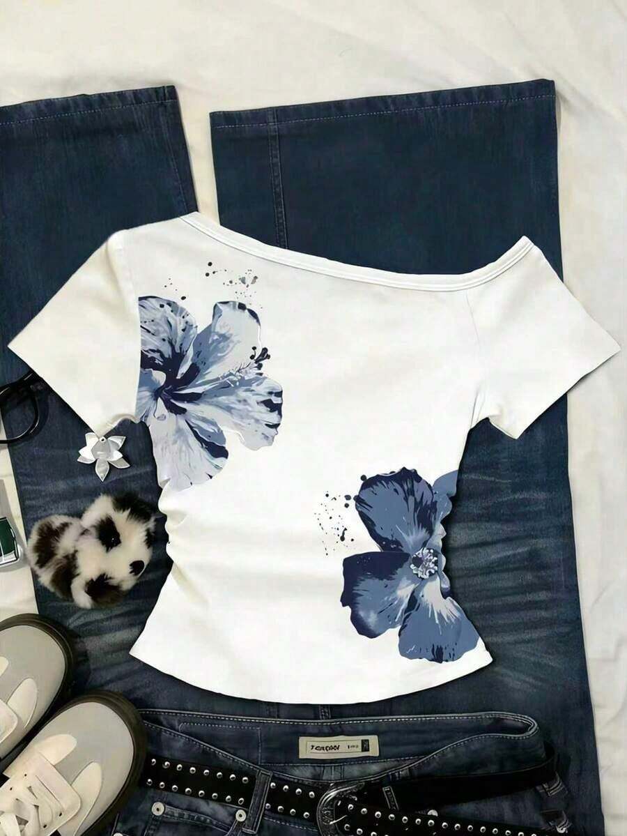 Camiseta casual versátil de mujer con hombro asimétrico y mangas cortas a rayas - Multicolor - Ver 1