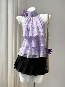 Blusa con cuello de volantes con estampado de lunares para mujer - Morado - Ver 6
