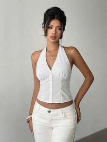 delgado de mujer de algodón con rayas, cuello alto y abotonadura sencilla, para otoño/invierno - Blanco - Ver 7