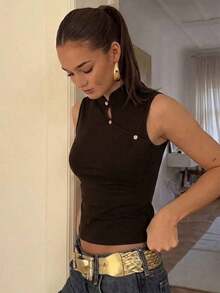 de estilo chino retro con cuello de cheongsam para mujer, top negro casual, top de pullover adecuado para vacaciones, fiestas, elegante para mujer, uso diario casual.Top negro sin mangas de cuello alto, top negro de verano - Café integral - Ver 3