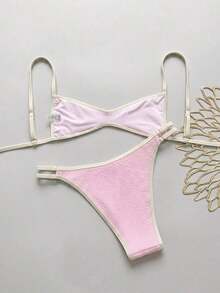 Conjunto de bikini con tirantes de espagueti de tela jacquard para mujer, primavera/verano - Rosa - Ver 3