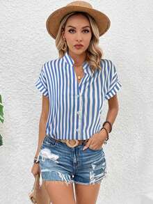 Blusa casual de verano de unicolor con botones delanteros y mangas cortas para uso diario - Azul y blanco - Ver 3
