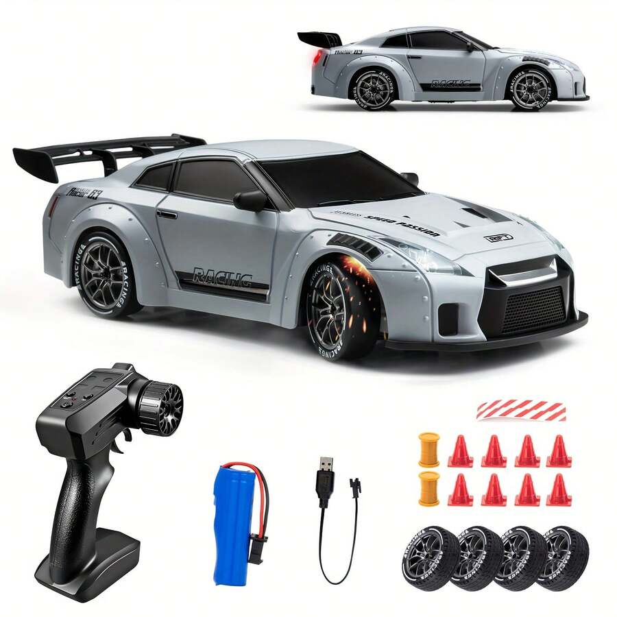 1:24遥控漂移车,带LED灯,高速漂移赛车玩具,男孩女孩礼物,灰色 - 彩色 - 查看 1
