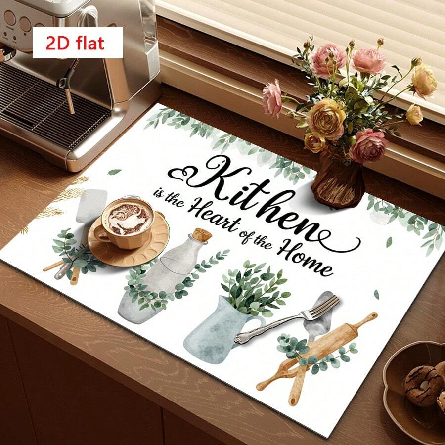 1 pieza Alfombrilla absorbente con estilo acuarela de hoja verde, adecuada para secar vajilla, máquinas de café, utensilios de cocina, mesas de comedor y cafeterías, almohadilla de drenaje multiusos, regalo para el hogar, decoración de escritorio